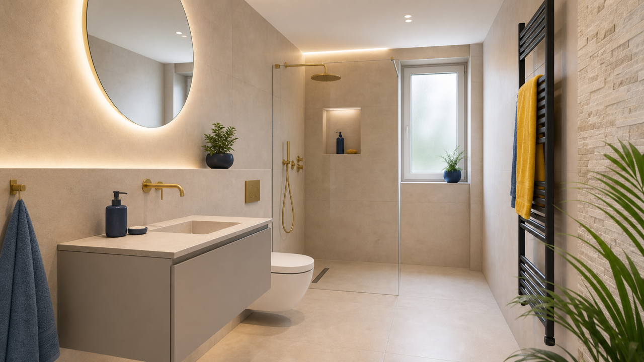 Fertig gestaltetes Badezimmer mit Fliesen und Natursteinakzenten